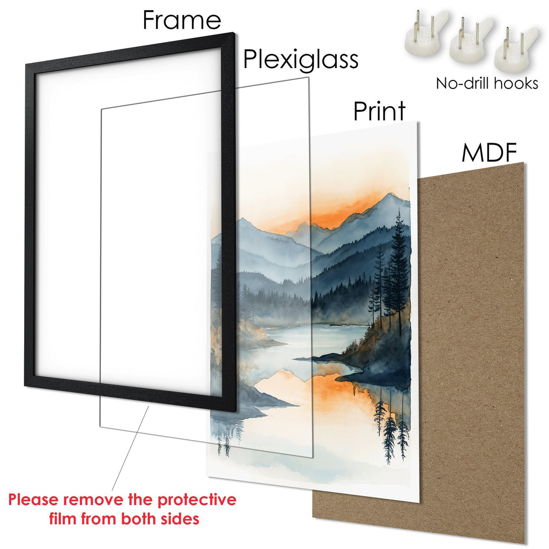 Framed Poster featuring a watercolor landscape with mountains, in a blue and orange color palette. Perfect wall art!