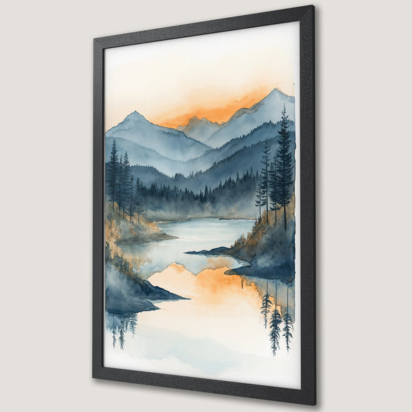 Framed Poster of a watercolor landscape with mountains, lake, and trees. Features a blue and orange color palette.