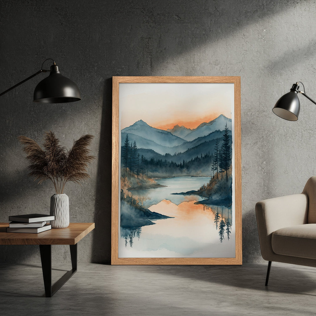 Framed Poster of a watercolor landscape with mountains and lake, in a blue and orange color palette. Perfect wall art!