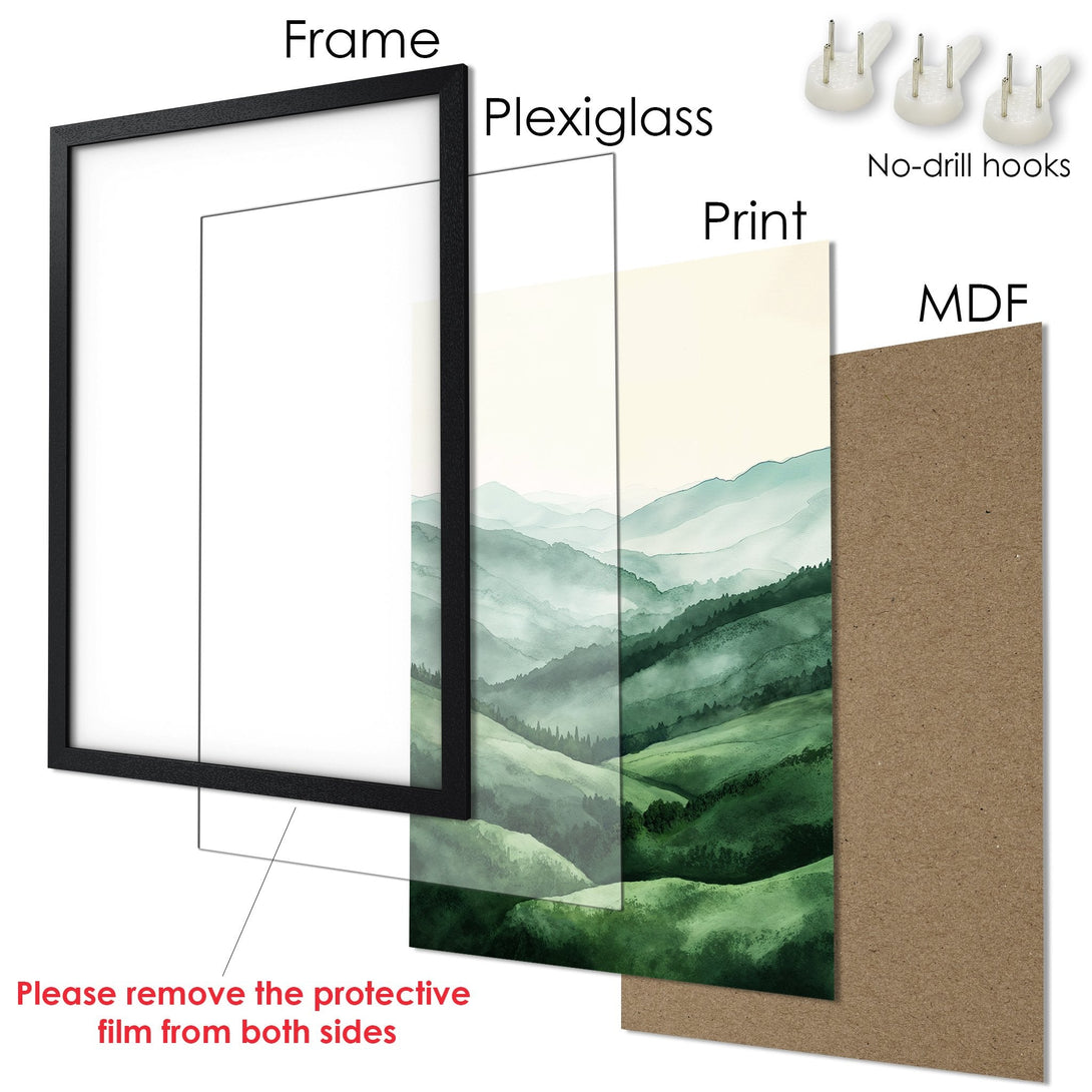 Framed Poster featuring a watercolor landscape in green hues. Perfect wall art to elevate your space!
