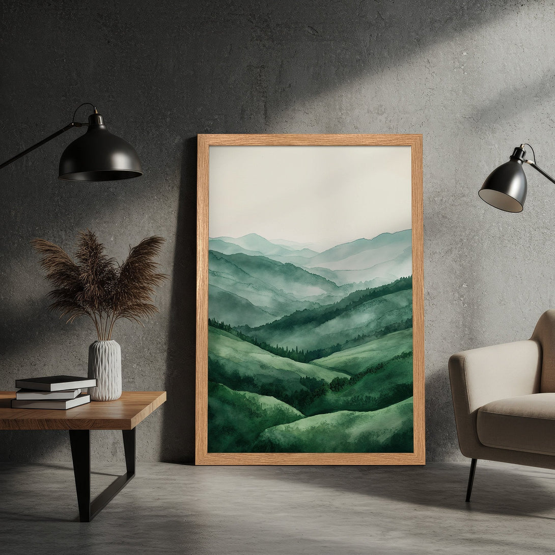 Framed Poster featuring a watercolor landscape of rolling green hills. Soft, dreamy style with a calming green and neutral palette. Perfect wall art.