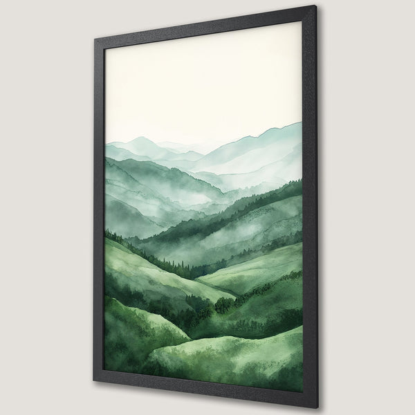 Framed Poster featuring a watercolor landscape of green mountains. Serene art print with a calming color palette. Perfect wall decor.