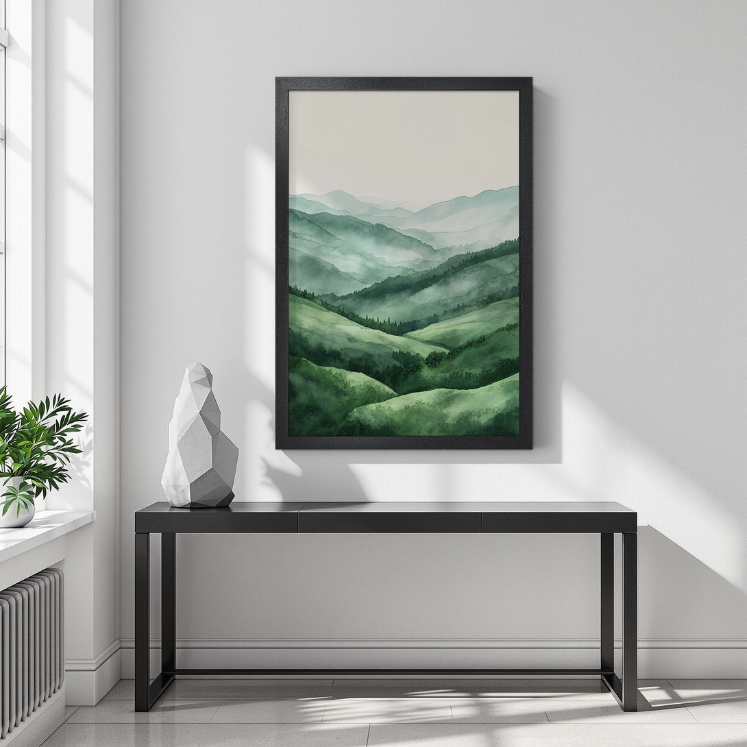 Framed Poster of serene watercolor mountains in green hues, perfect wall art for a calming space.