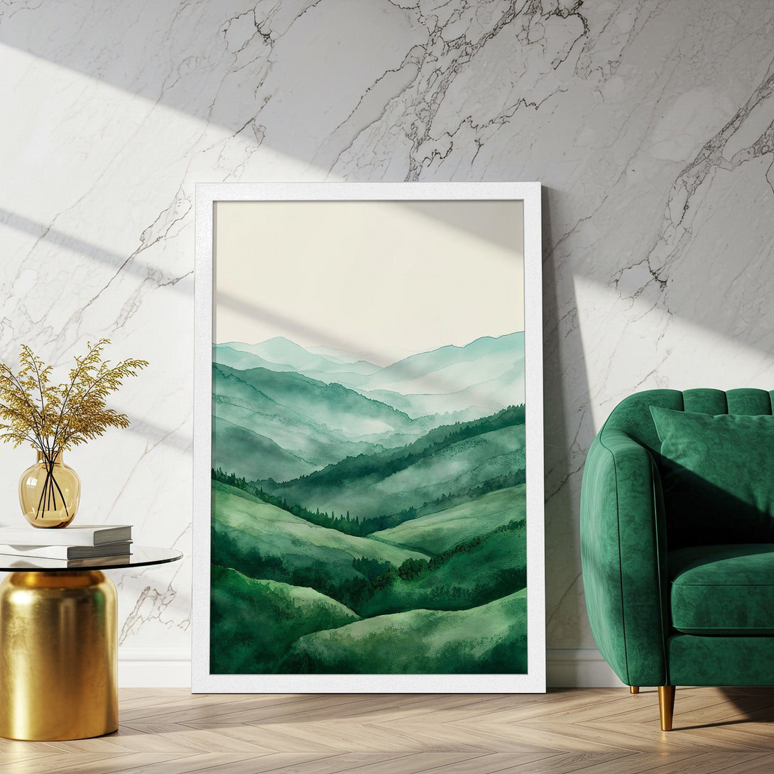 Framed Poster featuring watercolor mountain landscape art in green hues. Enhance your home decor with this stunning print!