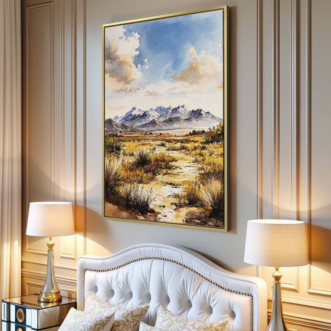 Canvas Print of a watercolor desert landscape with mountains, blue sky, and warm earth tones. Perfect wall art for any room!