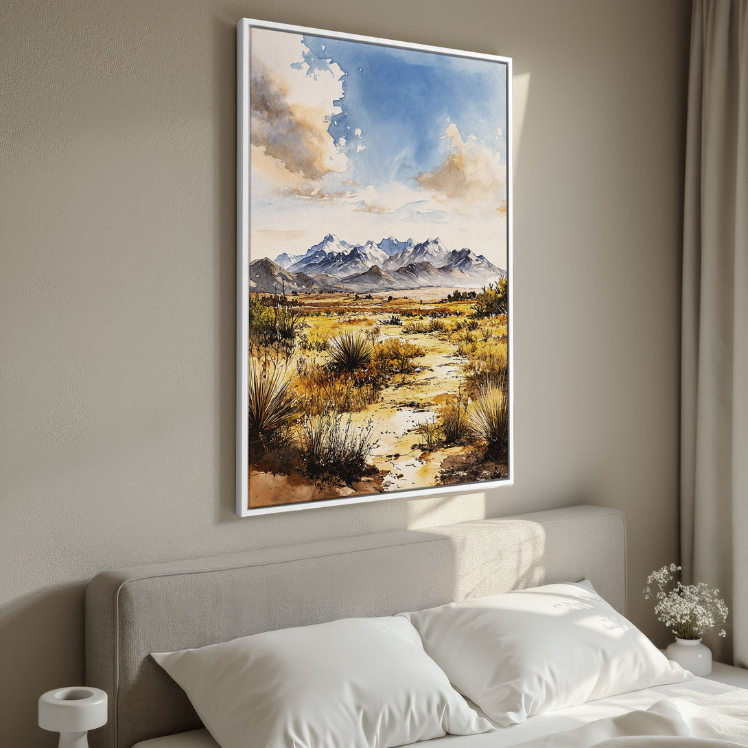 Framed Wall Art: Watercolor landscape Canvas Print with mountains, desert scene, and blue sky. Earthy tones and soft colors. Perfect for bedroom decor.