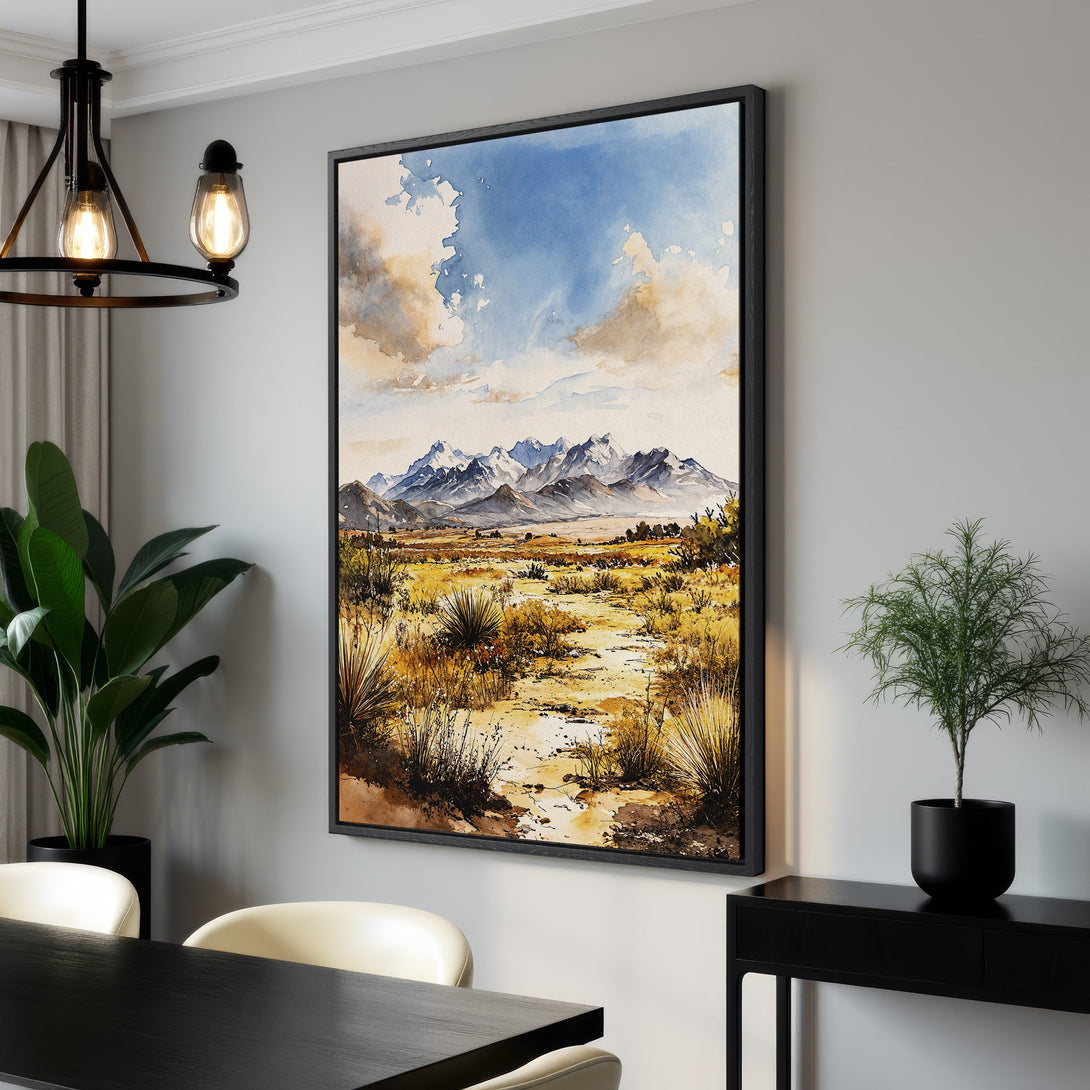 Framed Wall Art: Watercolor landscape Canvas Print with mountains, desert, and blue sky. Earthy tones create a serene, artistic vibe for your home decor.