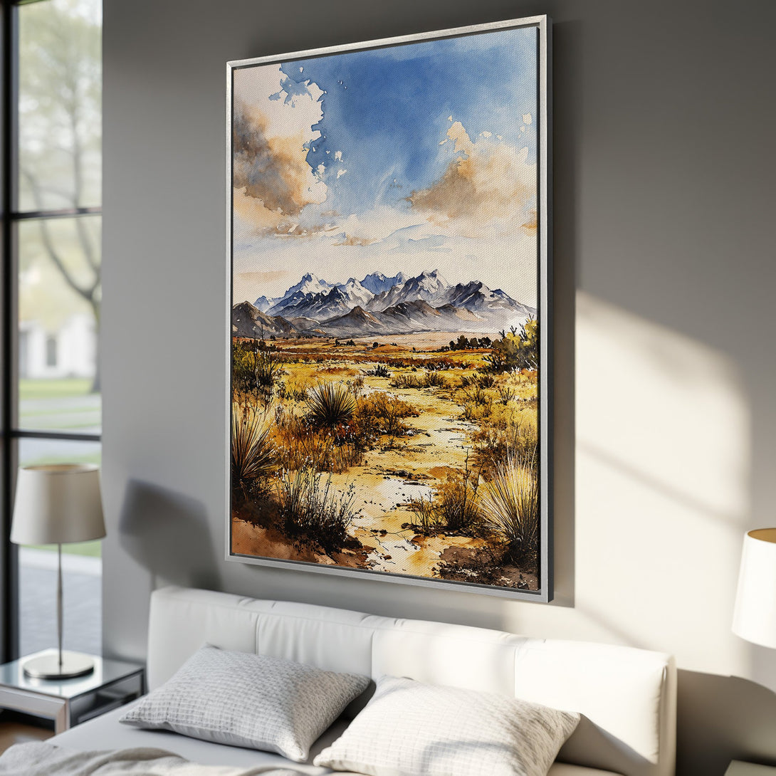 Framed Wall Art: Watercolor landscape Canvas Print with mountains, desert scene, and blue sky. Earthy tones create a serene, artistic home decor statement.