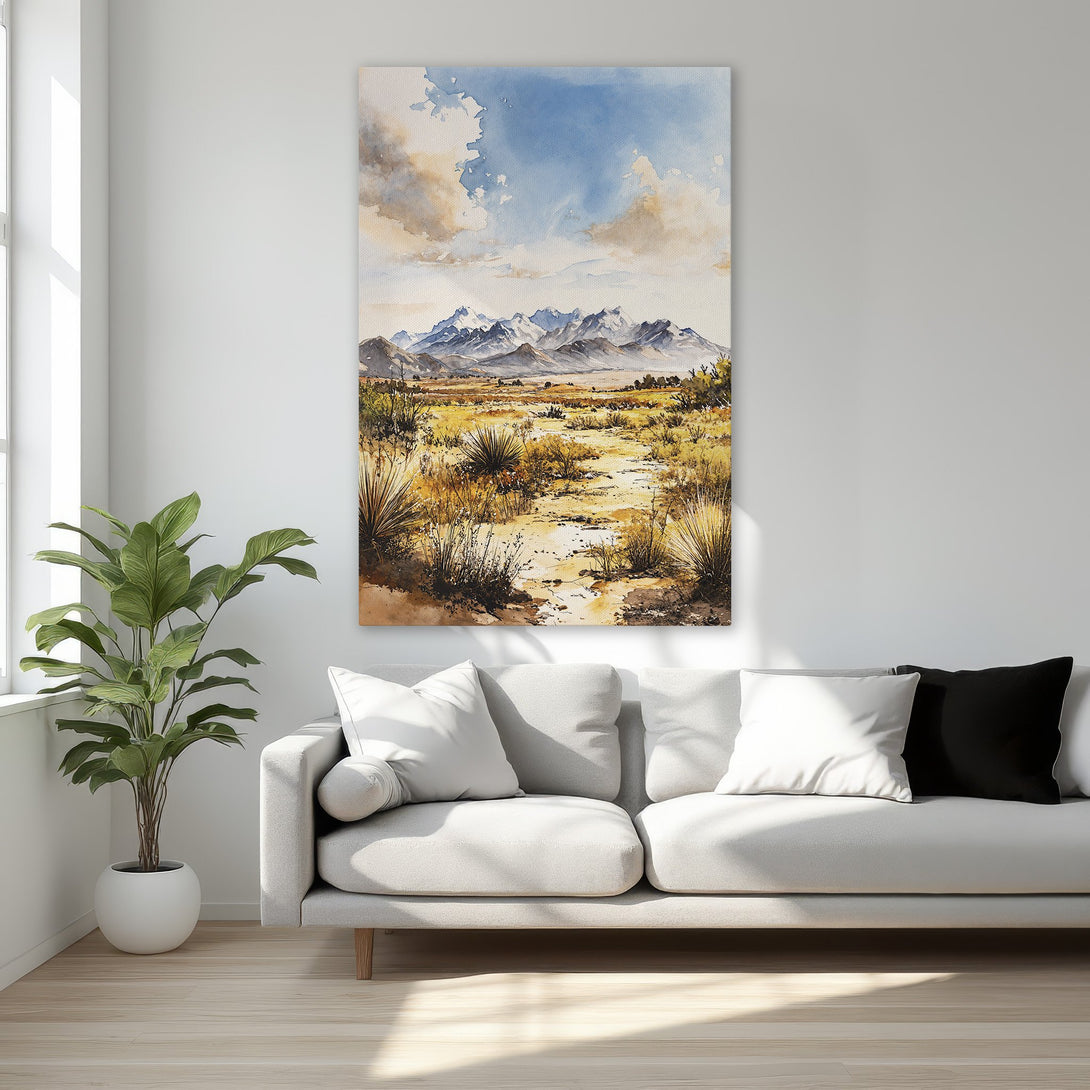 Framed Wall Art: Watercolor landscape Canvas Print with mountain scene, blue sky, and warm earth tones. Perfect for adding a touch of nature to your home decor.