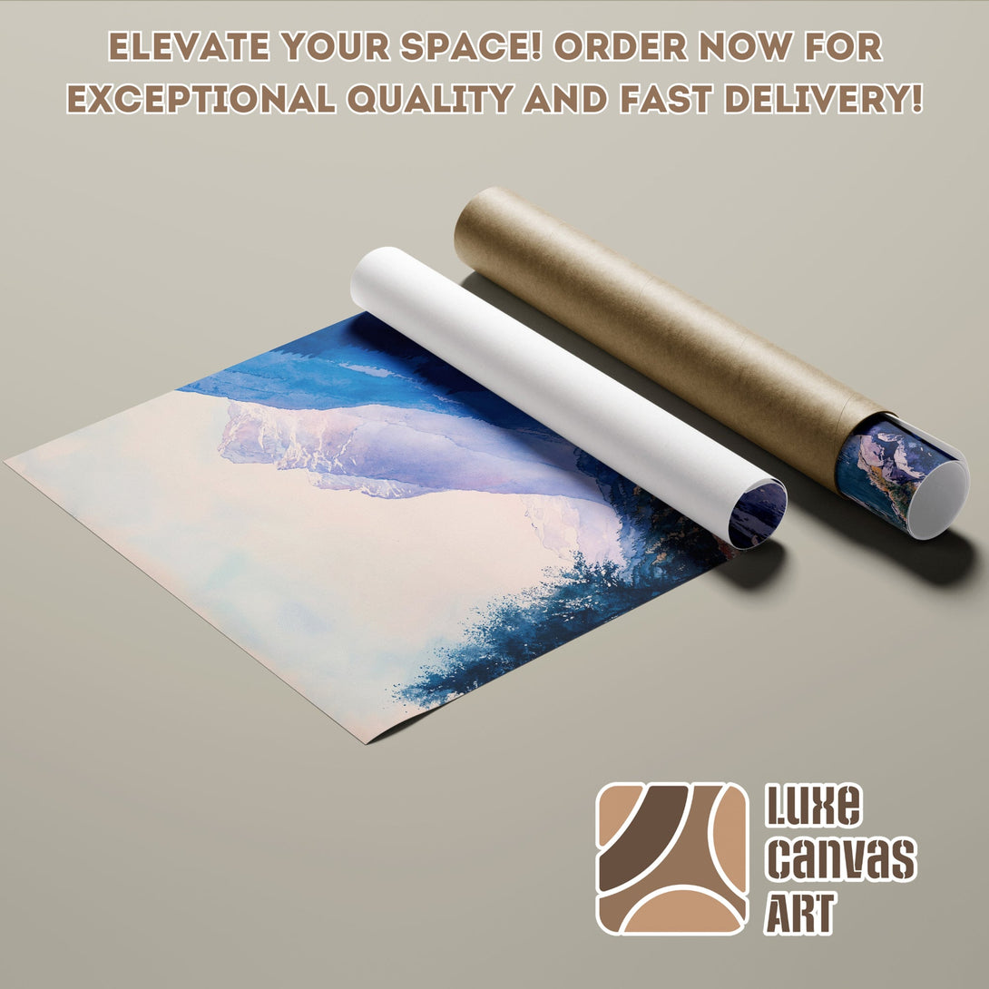 Poster Roll with abstract blue and white artwork. Modern style with a neutral color palette. Perfect for home decor.