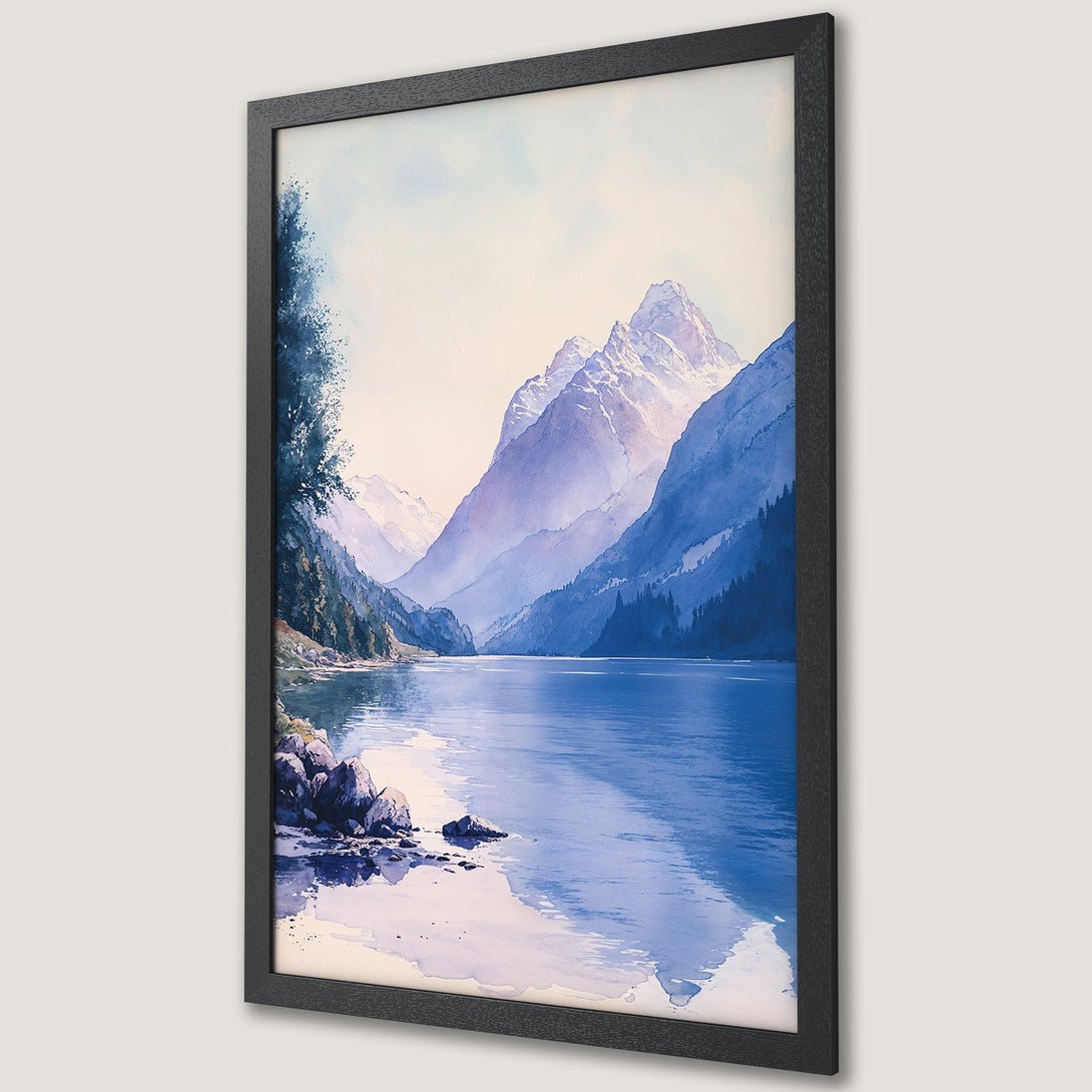 Framed Poster of a serene mountain lake scene in watercolor style, featuring a blue and purple color palette. Perfect wall art!