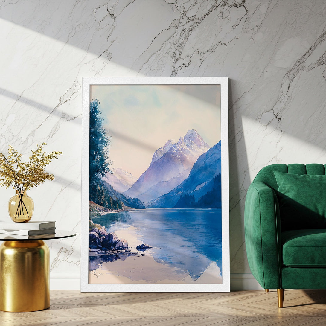 Framed Poster of a serene mountain lake scene in watercolor style. Blue, purple, and white color palette for a calming aesthetic.