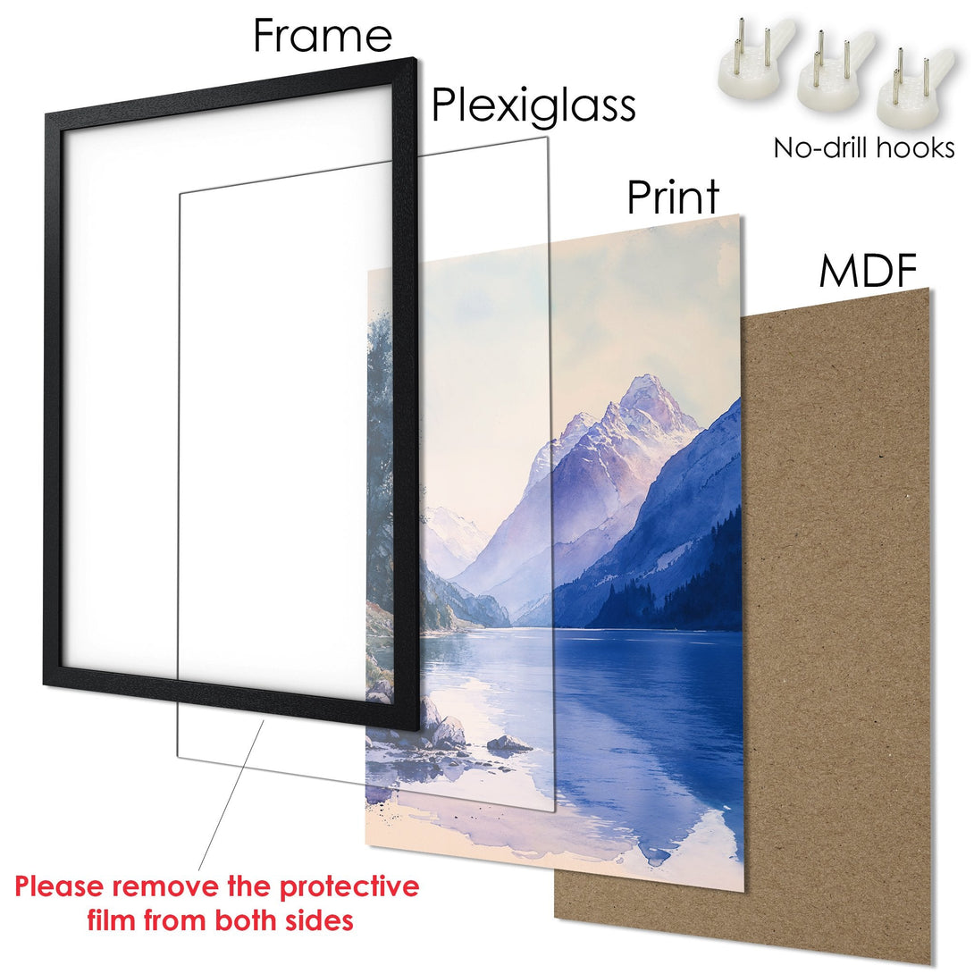 Framed Poster featuring a watercolor landscape with blue and purple hues. Perfect wall art to elevate your space.