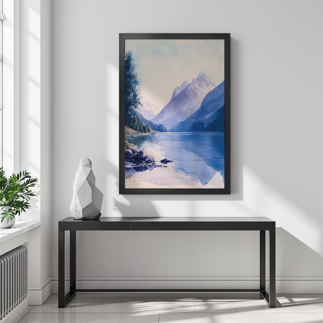 Framed Poster featuring a serene mountain lake landscape in watercolor style with a cool blue and purple color palette. Perfect wall art!