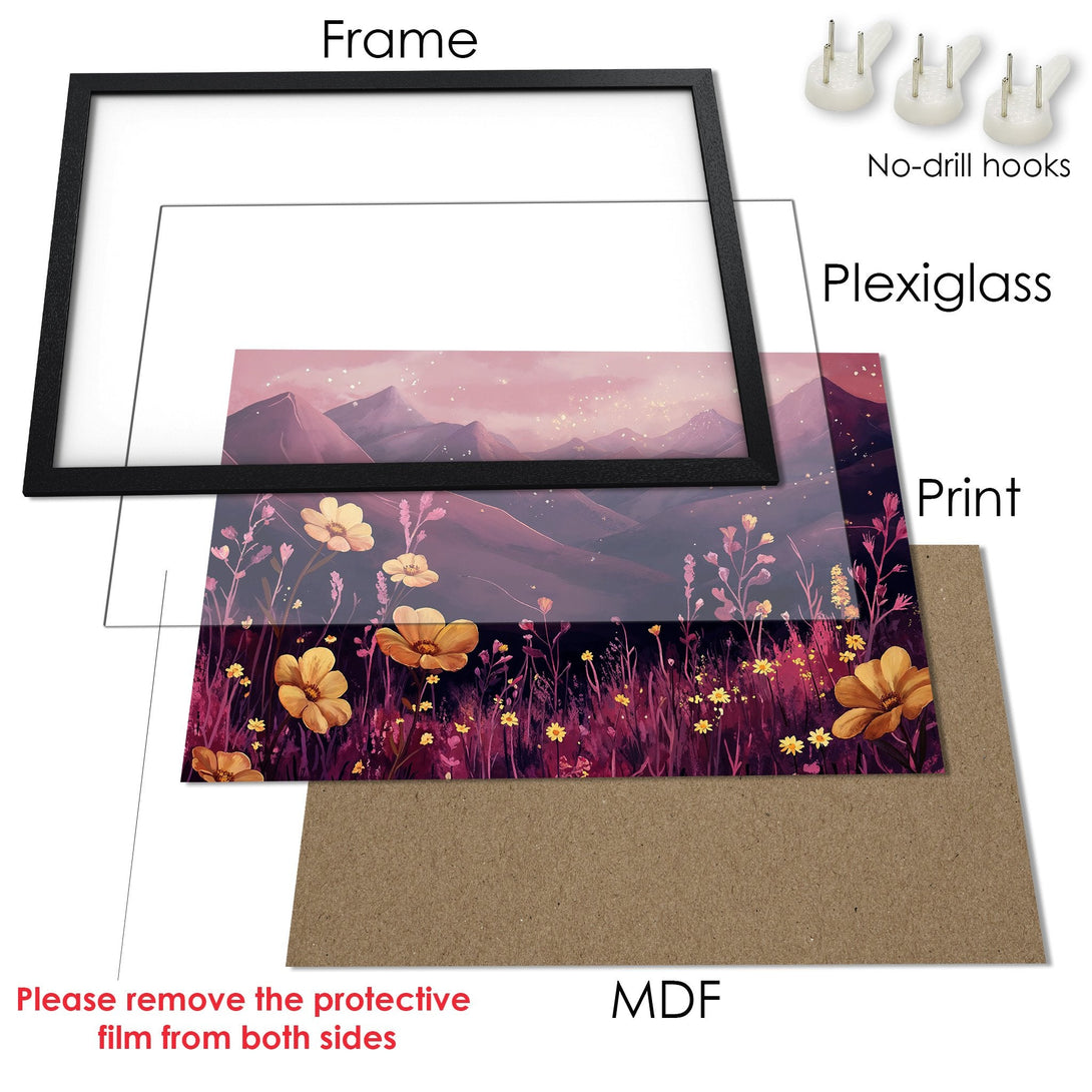 Framed Poster featuring a floral landscape in warm tones. Enhance your space with this beautiful art print.