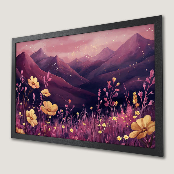 Framed Poster of a dreamy mountain landscape with wildflowers, in a watercolor style, featuring a purple and yellow color palette.