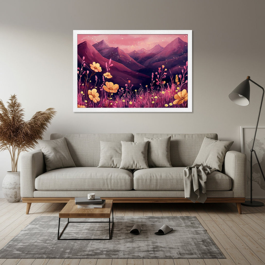 Framed Poster featuring a watercolor landscape with mountains and flowers in a purple and yellow palette. Perfect wall art!