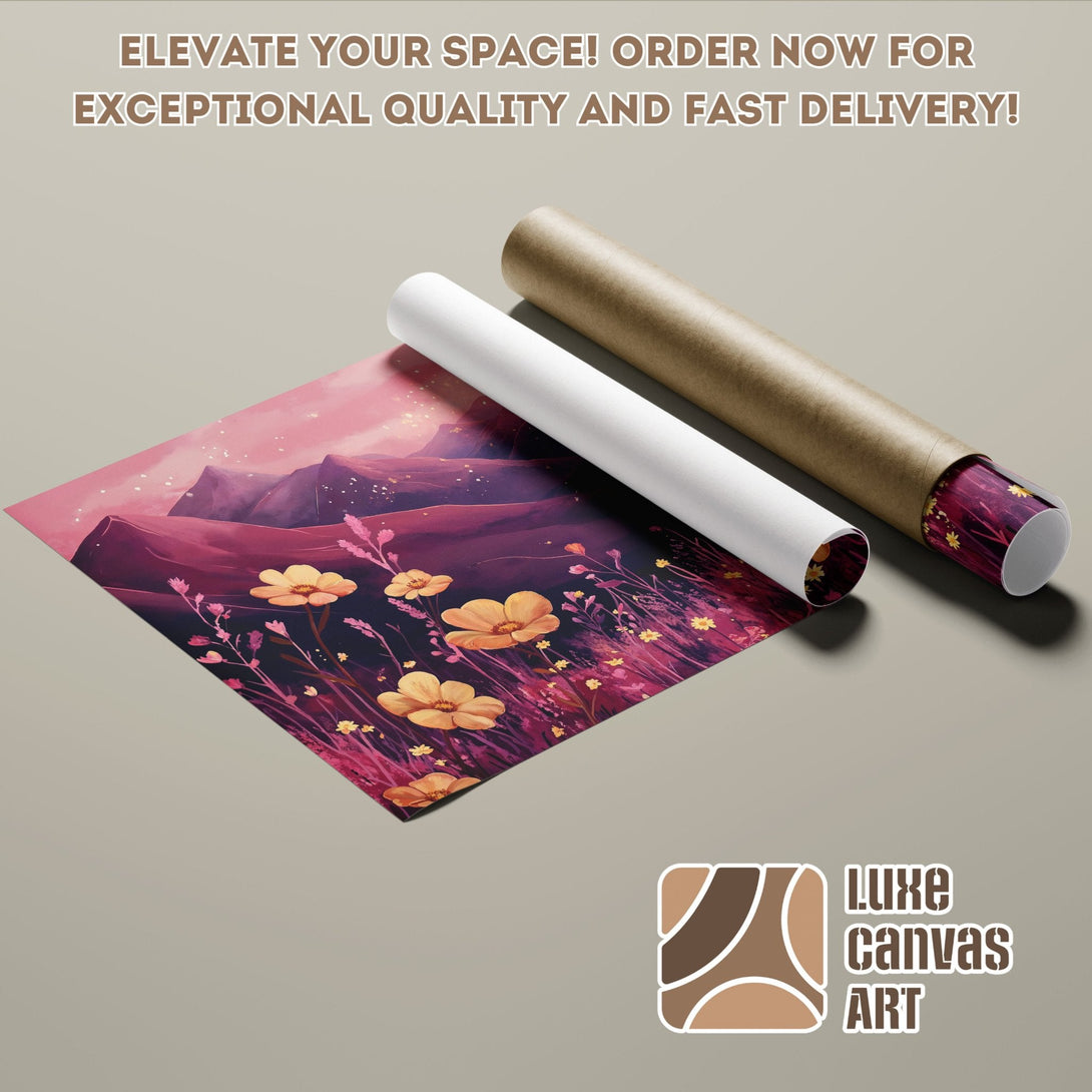 Poster Roll featuring a floral landscape in a vibrant pink and purple palette.