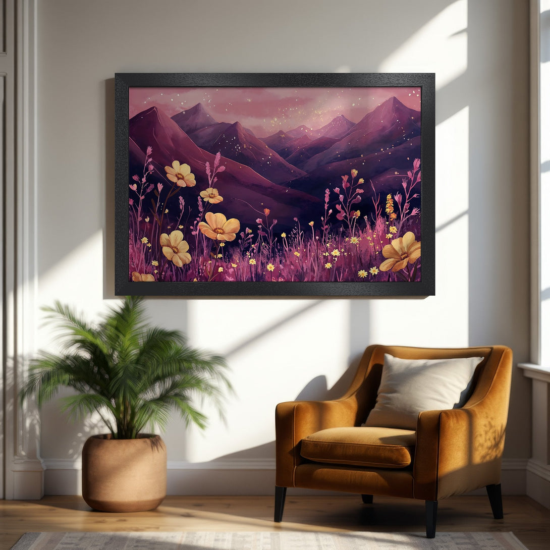 Framed Poster featuring watercolor mountains and flowers in a purple and yellow palette, perfect wall art for your home decor.