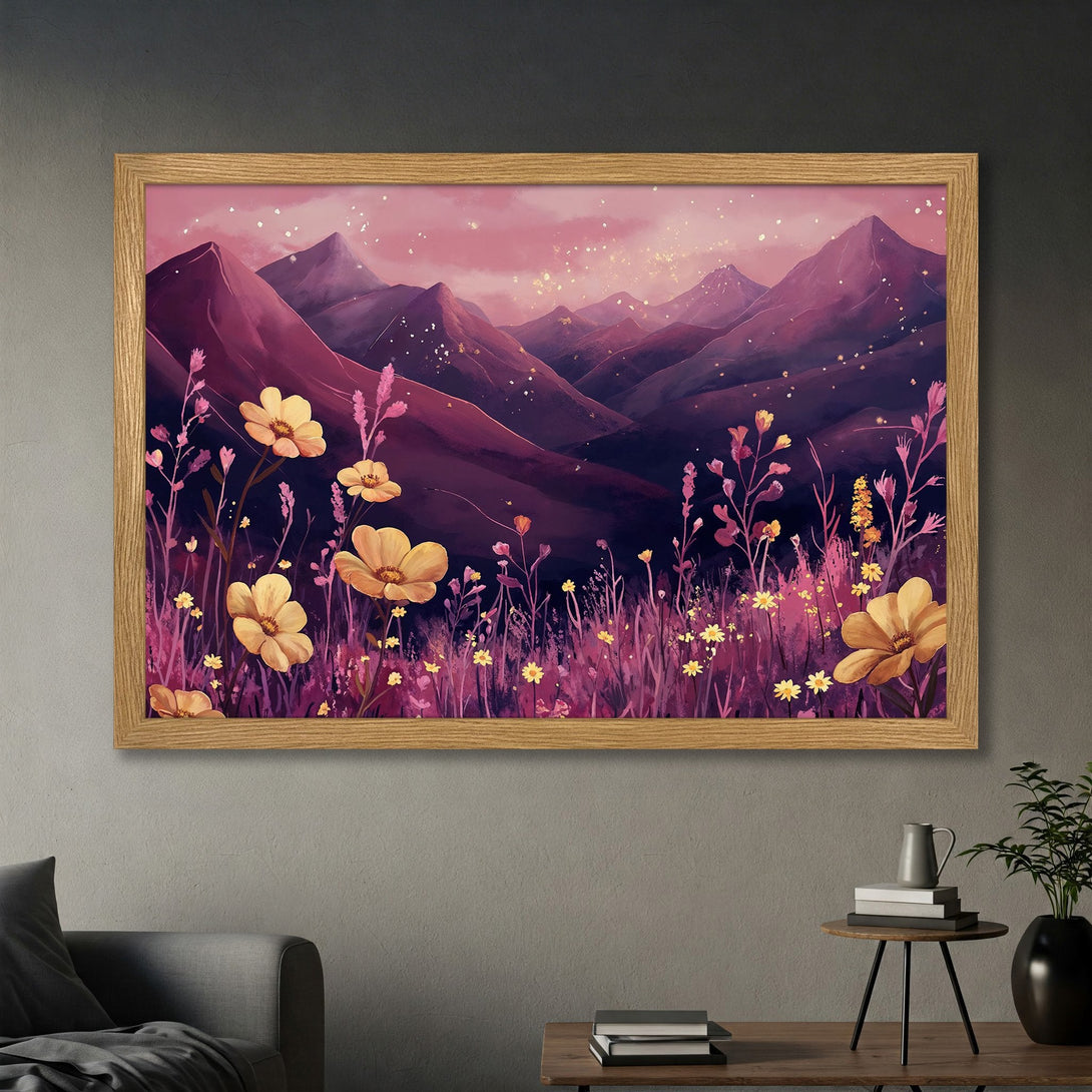 Framed Poster featuring a dreamy landscape with mountains and flowers in a purple and yellow color palette. Perfect wall art!