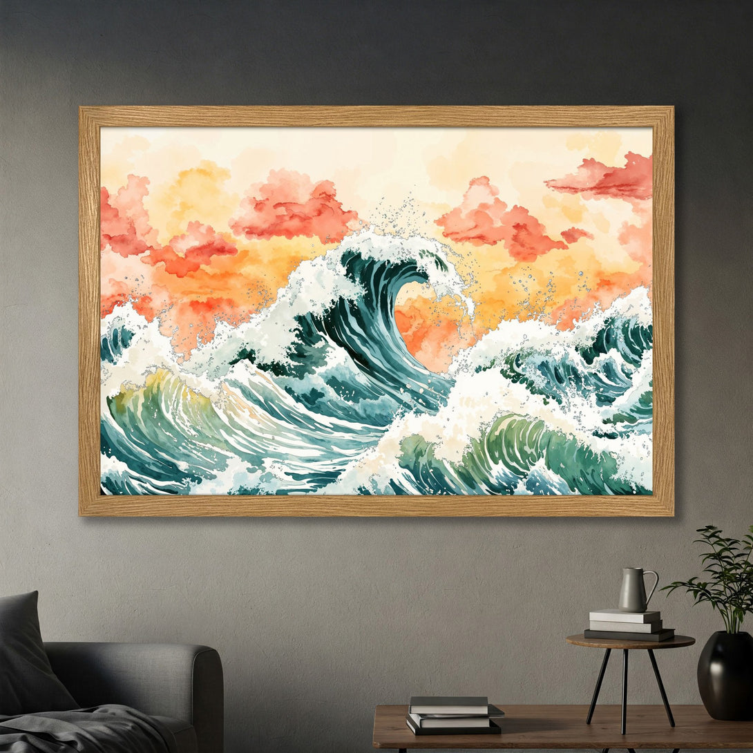 Framed Poster of watercolor ocean waves, vibrant teal and orange hues, perfect for coastal decor.