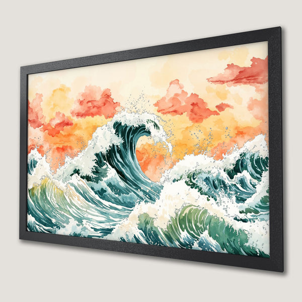 Framed Poster: Watercolor waves art, vibrant teal & orange palette. Bring the ocean's beauty home!