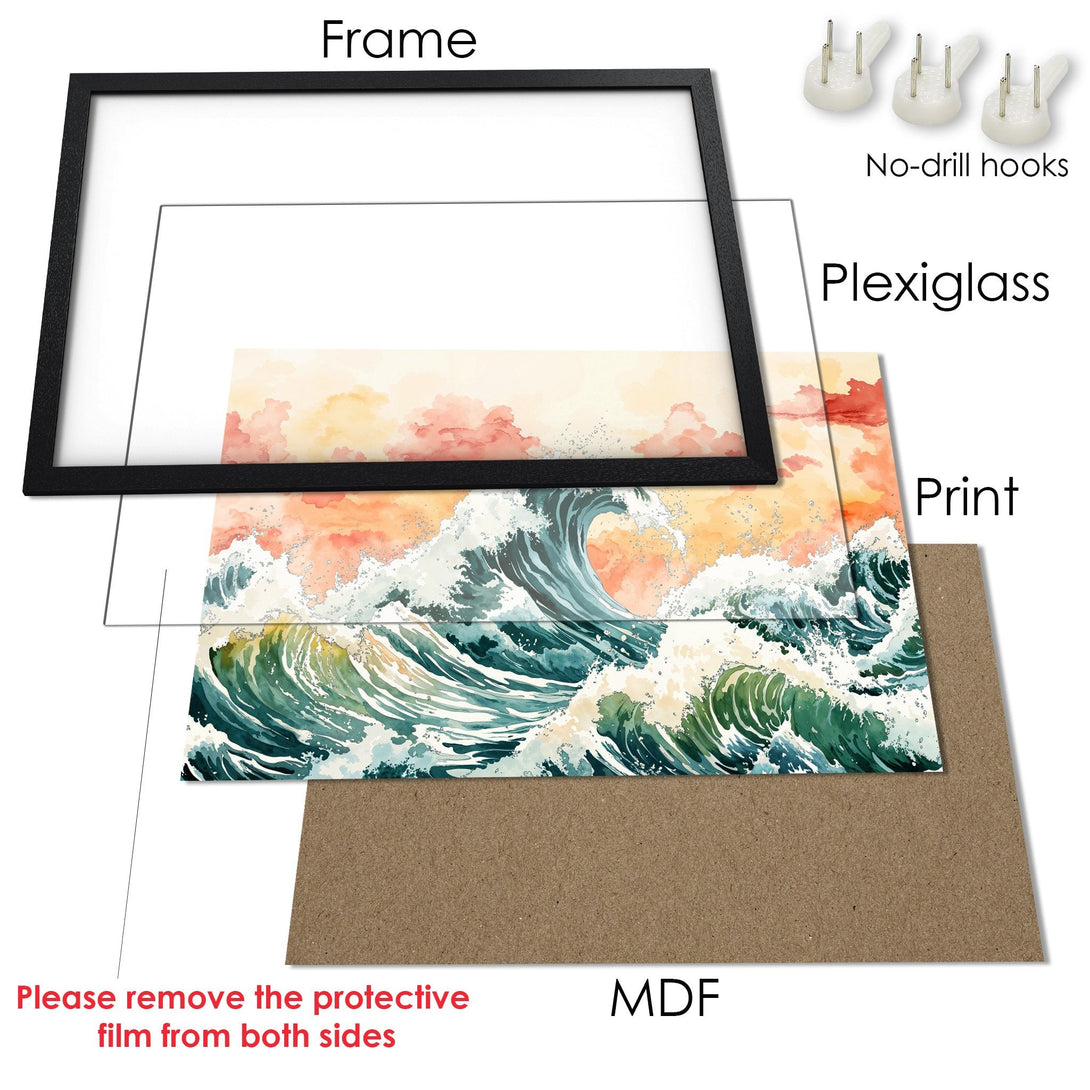 Framed Poster featuring watercolor waves in teal, green, and orange. Add coastal vibes to your space with this stunning art print.