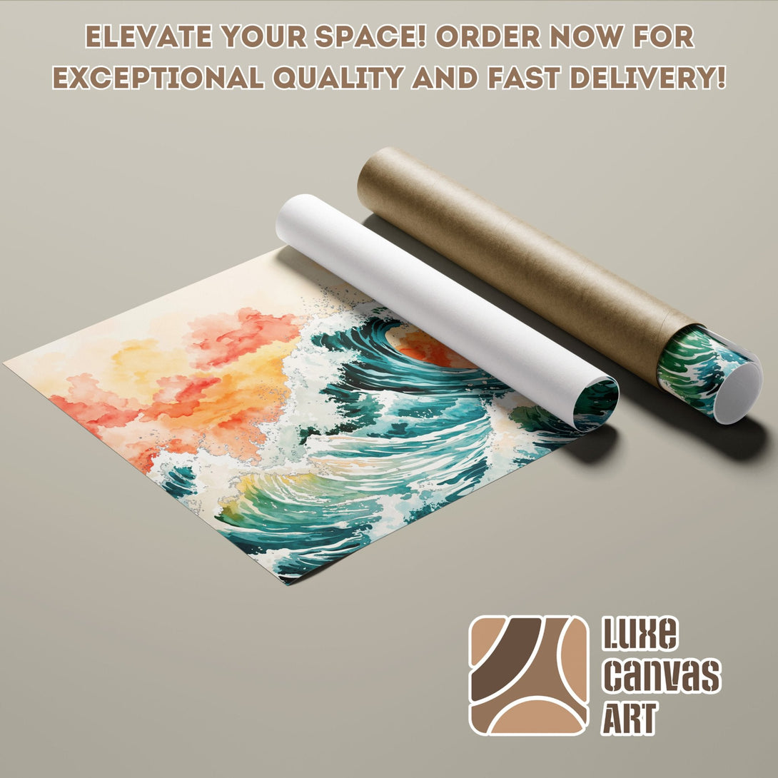 Watercolor wave art Poster Roll in teal, orange, and yellow. Elevate your space!