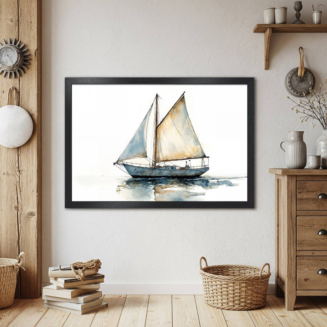 Framed Poster of a watercolor sailboat. Coastal decor, blue and beige palette. Perfect for a nautical theme.