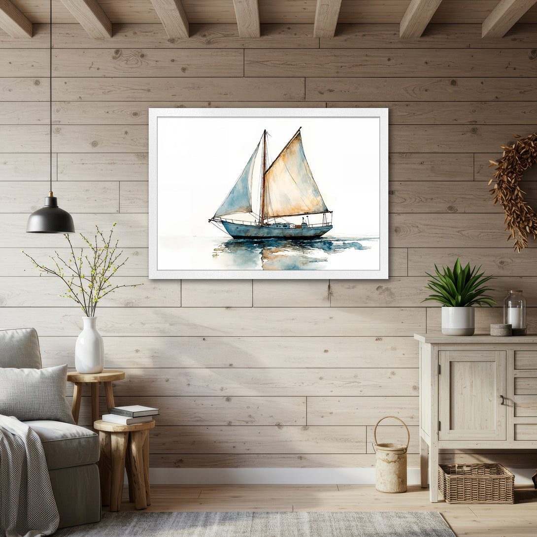Framed Poster featuring a watercolor sailboat, with a serene blue and beige color palette. Perfect nautical art for your home!