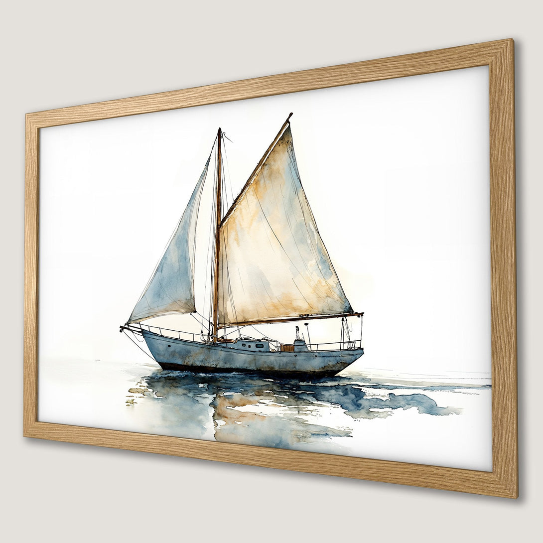 Framed Poster of a watercolor sailboat, nautical art in blue, beige and white. Perfect coastal decor.