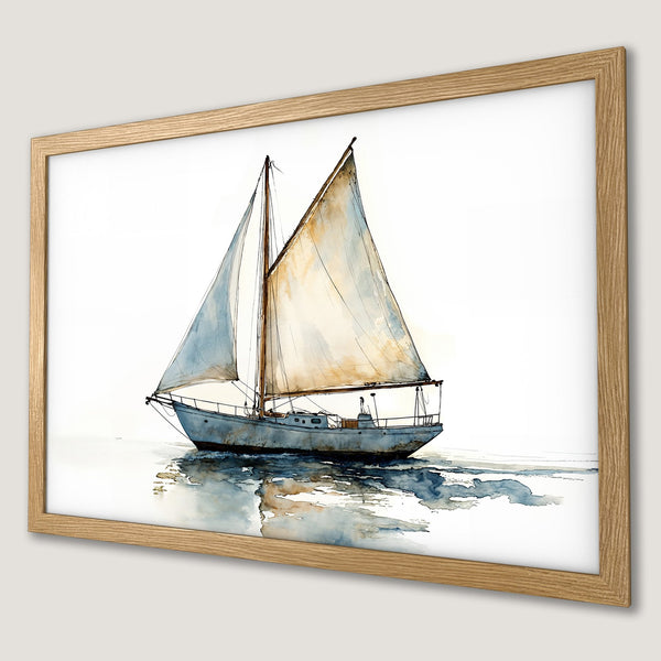 Framed Poster of a watercolor sailboat, nautical art in blue, beige and white. Perfect coastal decor.
