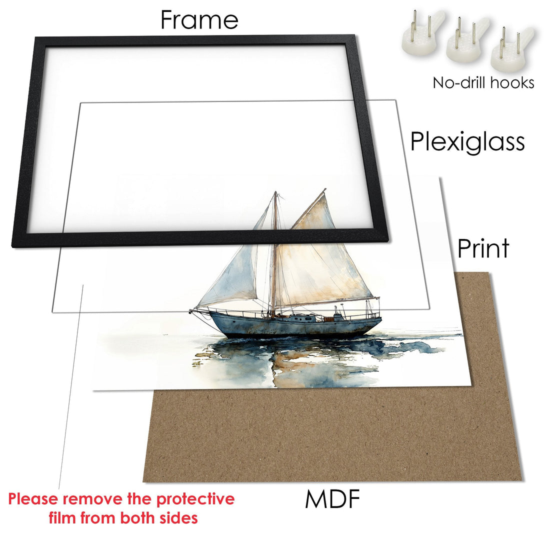 Framed Poster of a sailboat in watercolor style. Features a calming blue and beige color palette, ready to hang and brighten your space.