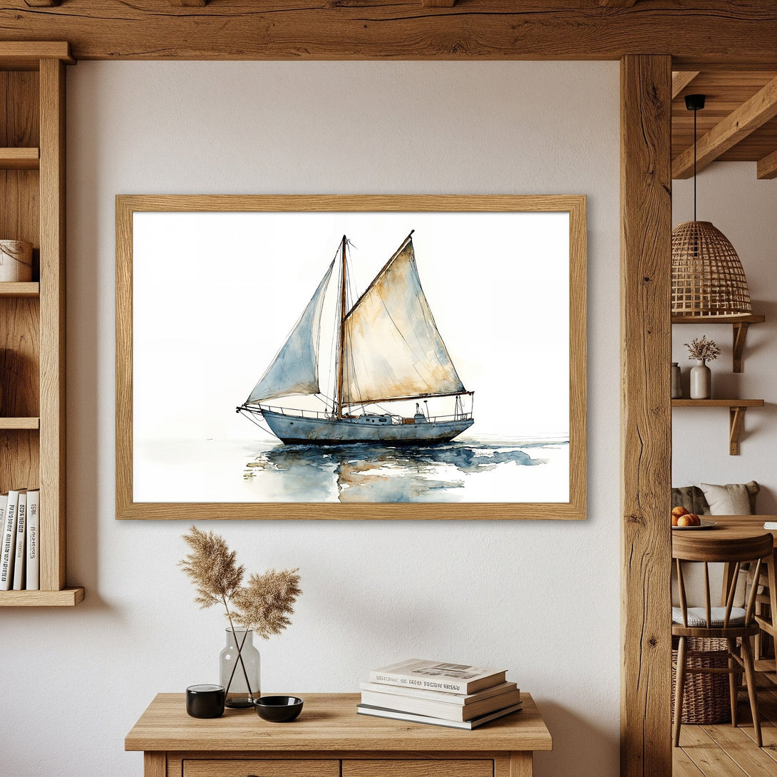 Framed Poster featuring a watercolor sailboat art print. Coastal decor with a serene blue and beige color palette, perfect for any space.