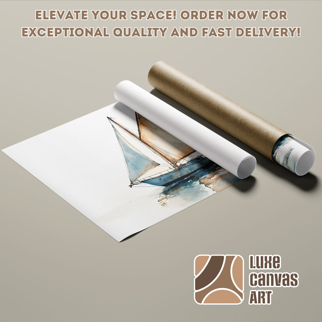 Poster Roll featuring a watercolor sailboat art print in blue and beige tones. Elevate your space!