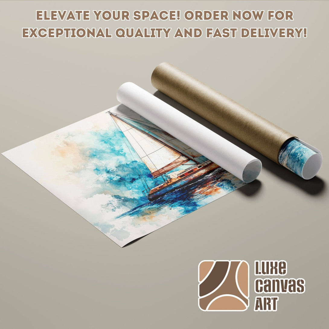 Watercolor sailboat Poster Roll art, blue & beige palette, perfect for home decor. Order now!