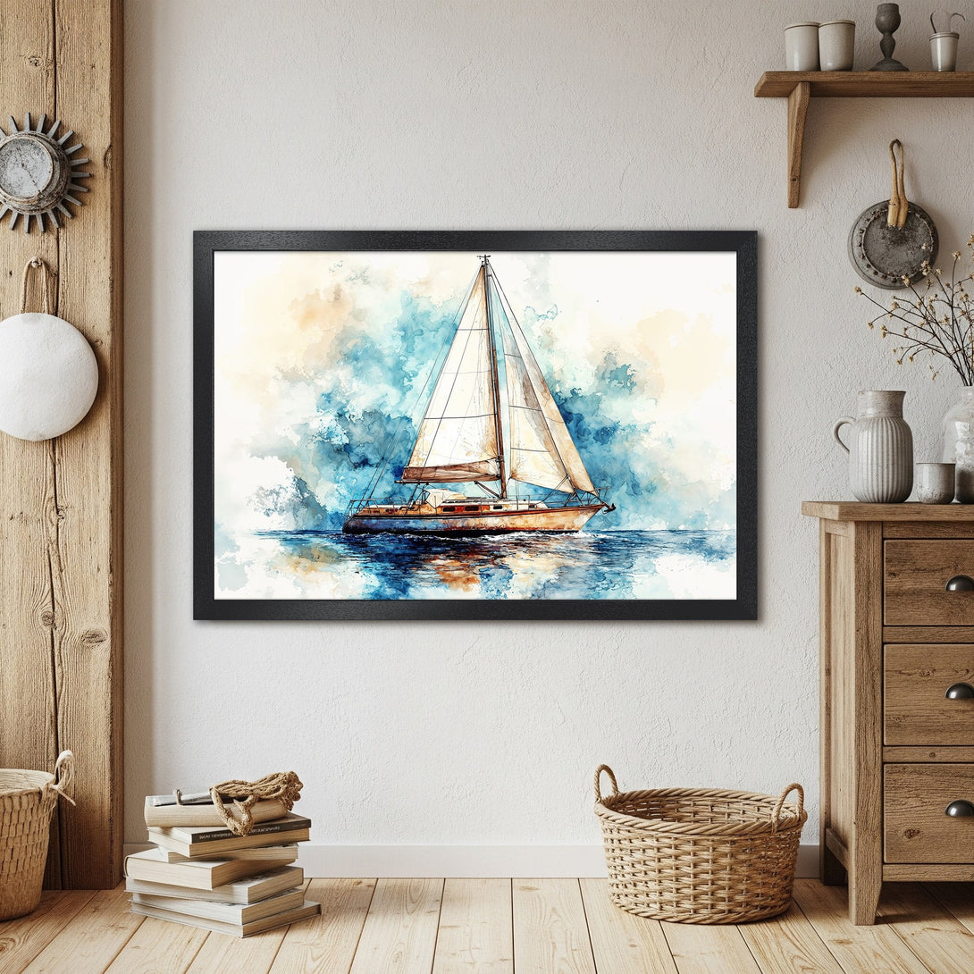 Framed Poster of a watercolor sailboat. Coastal art in blue, beige, and brown. Perfect nautical decor.