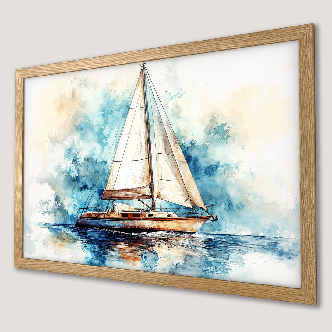 Framed Poster featuring a watercolor sailboat. Beautiful blue, beige, and brown color palette. Add nautical charm to your space!