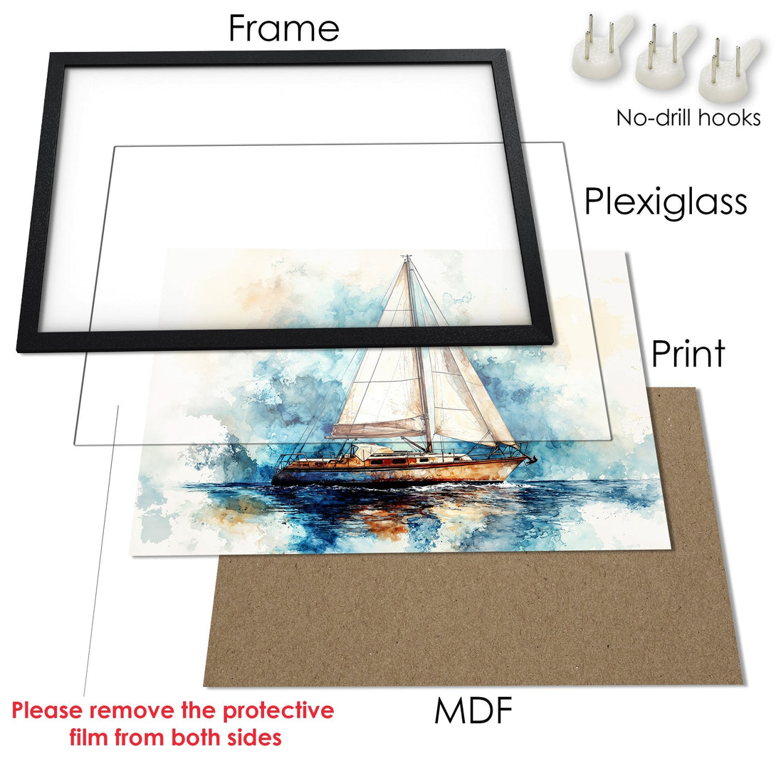 Framed Poster: Watercolor sailboat art print with blue, beige, and brown tones. Ready to hang! Add coastal vibes to your space.