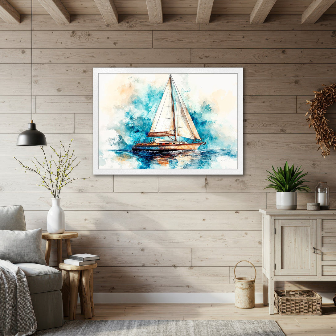 Framed Poster featuring a watercolor sailboat. Coastal art in blue, teal, and beige. Perfect for nautical decor, adds a serene touch to any space.