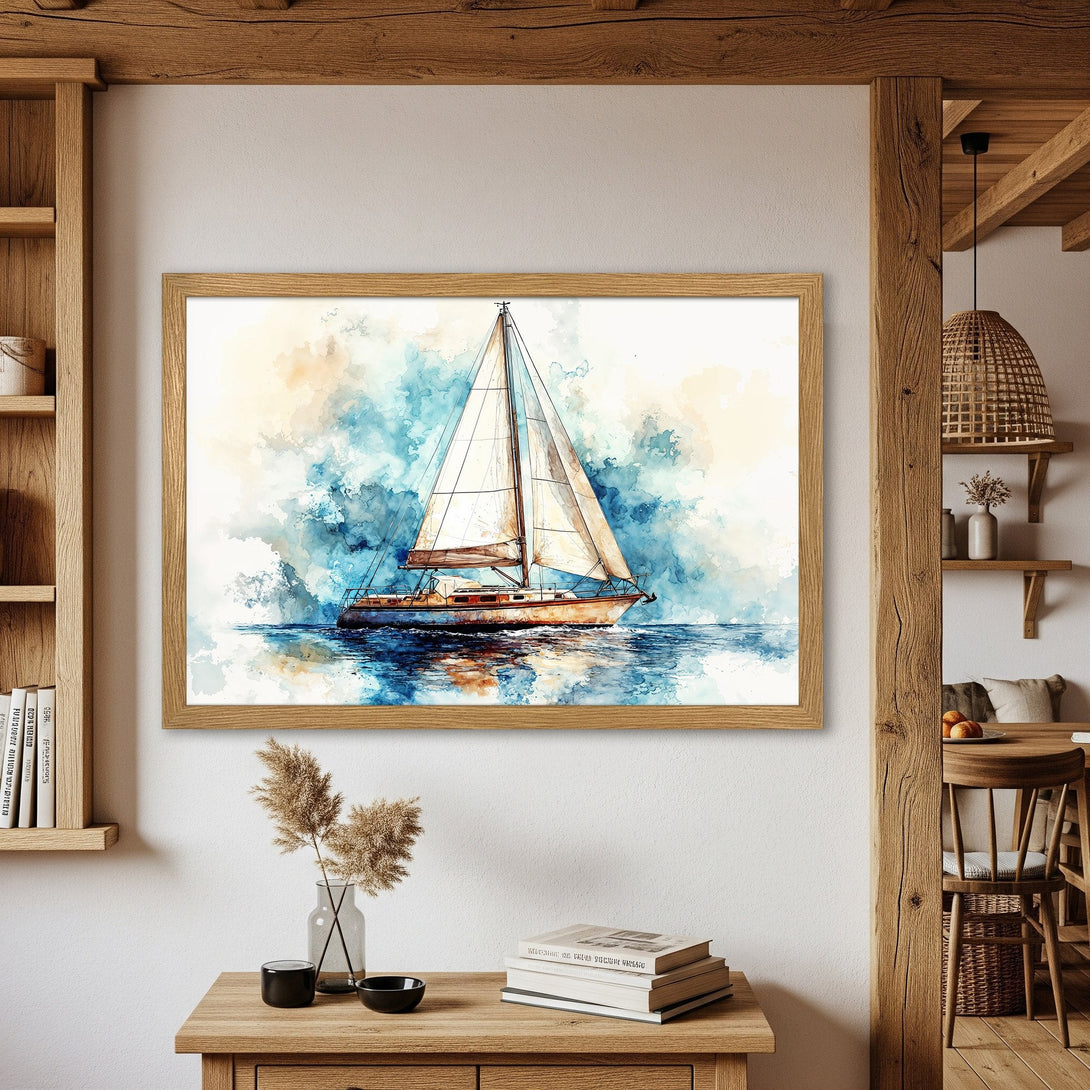 Framed Poster featuring a watercolor sailboat, perfect for coastal decor. Soft blues, beige, and browns create a calming atmosphere. Shop now!