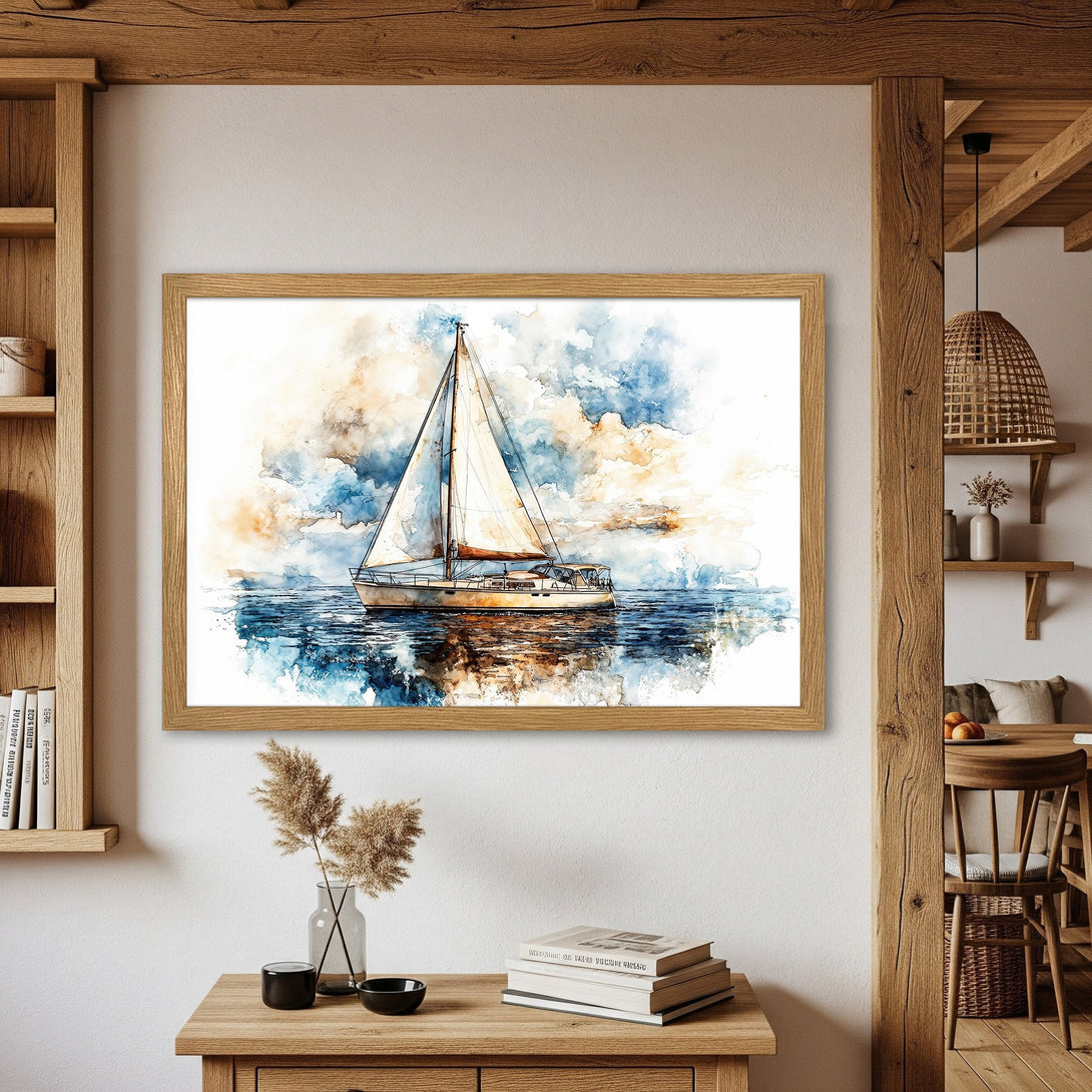 Framed Poster of a sailboat in watercolor style, featuring blue & beige tones. Perfect nautical decor for your home.