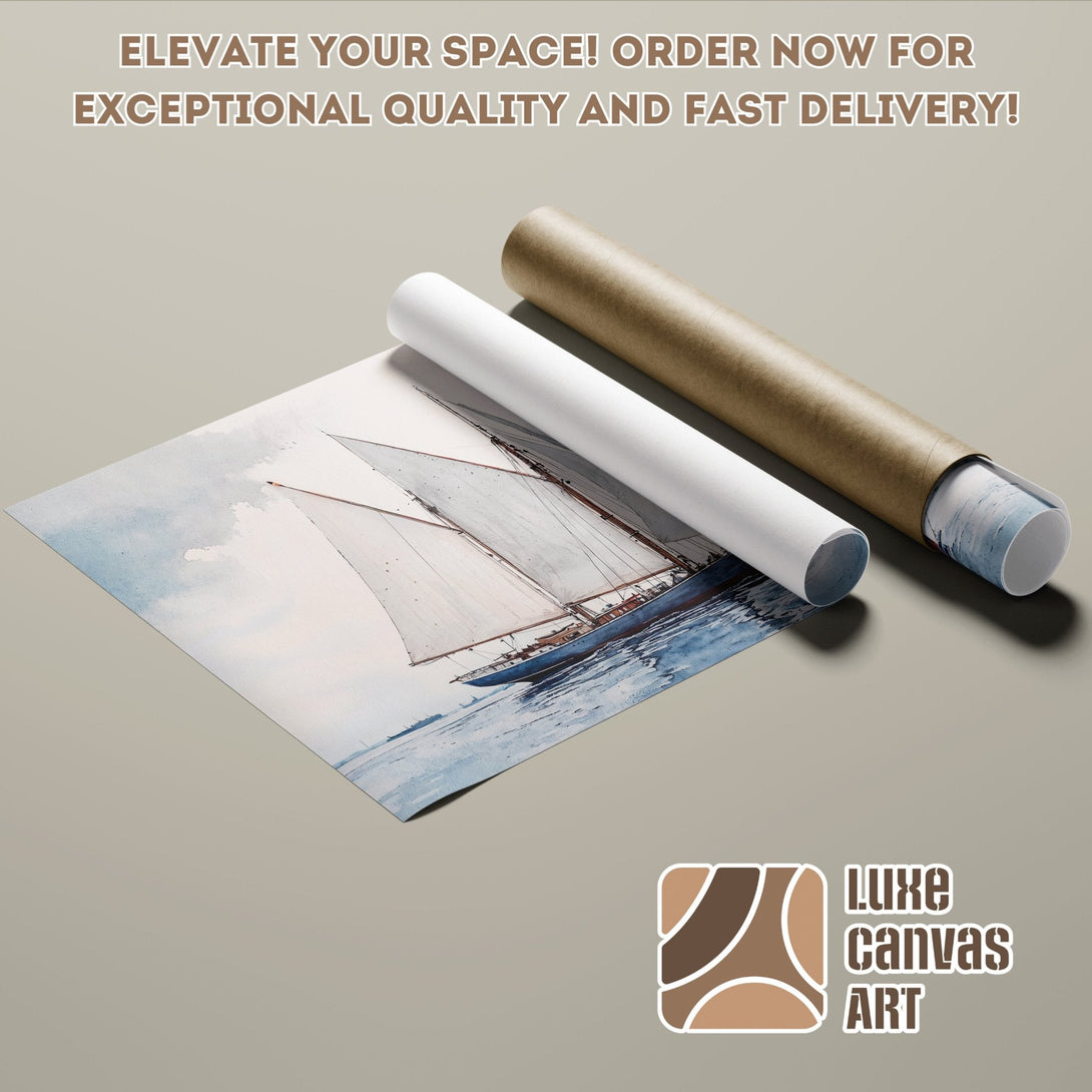 Watercolor sailboat Poster Roll, blue and neutral tones, perfect wall art.