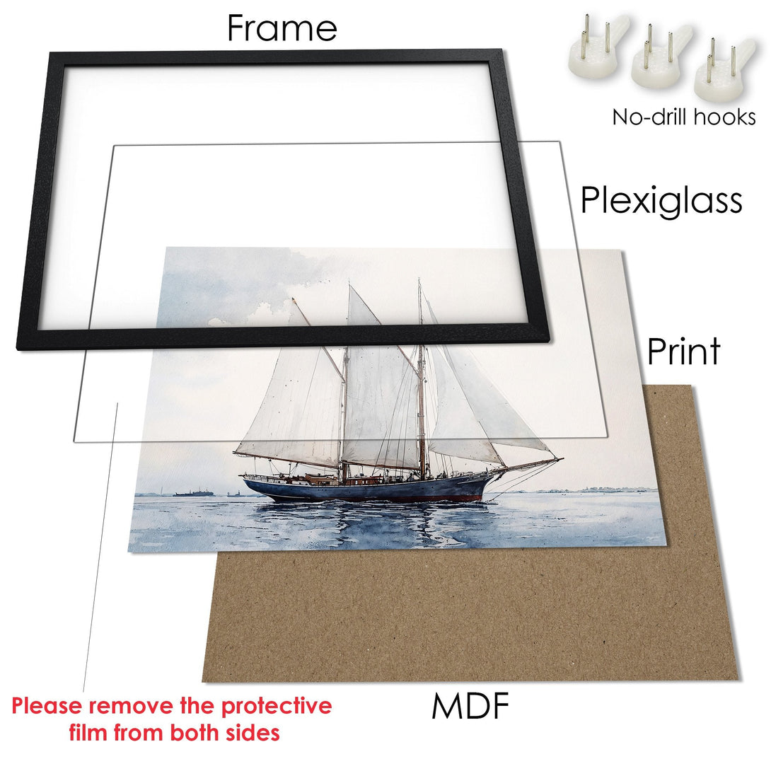 Framed Poster featuring a watercolor sailboat, serene style, and a calming blue and white color palette. Perfect nautical decor!