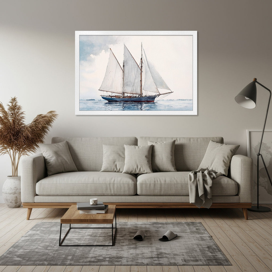 Framed Poster featuring a watercolor sailboat. Soft blues, whites, and grays create a serene coastal vibe. Perfect wall art for any space.