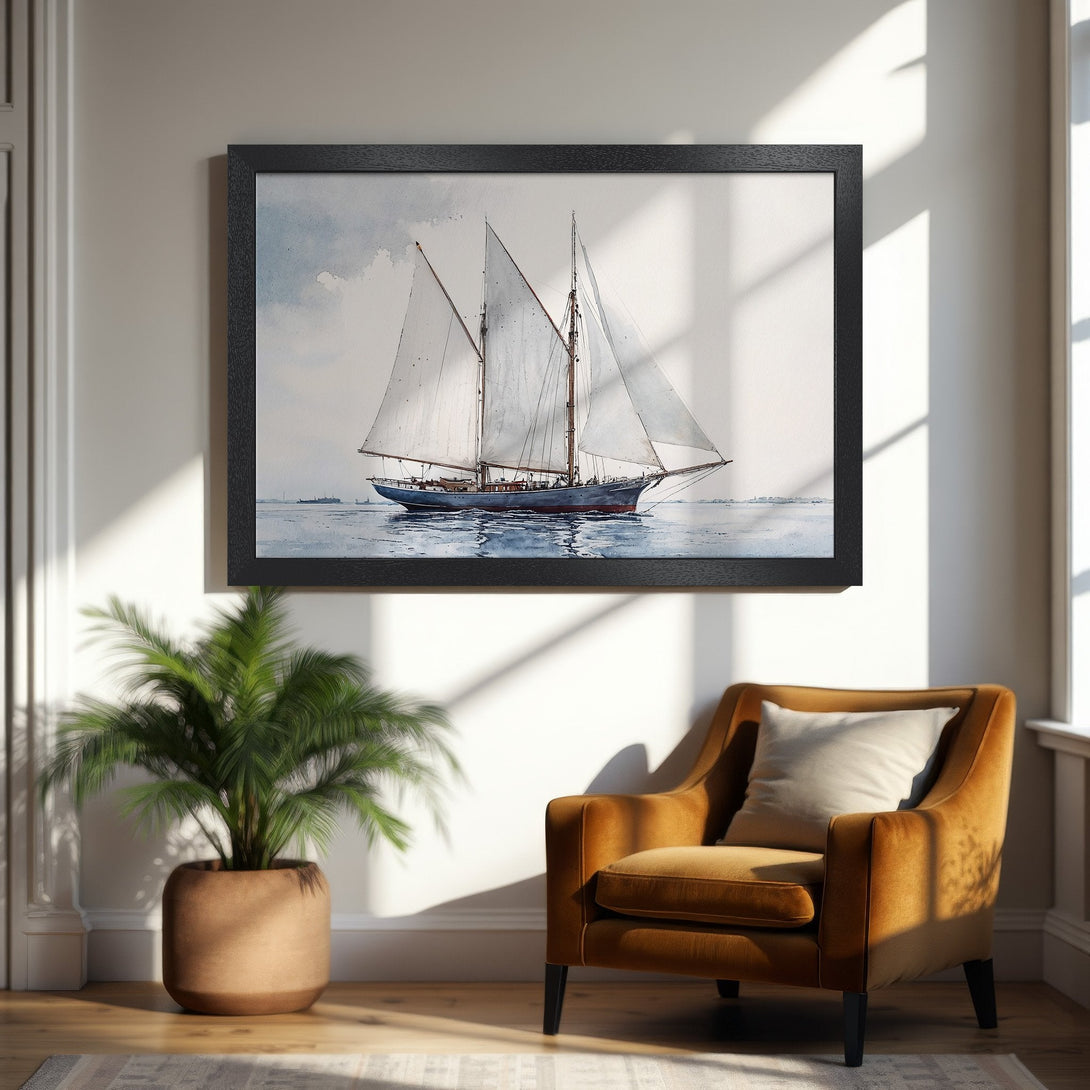 Framed Poster of a sailboat in watercolor style, featuring a calming blue and white palette, perfect for coastal decor.