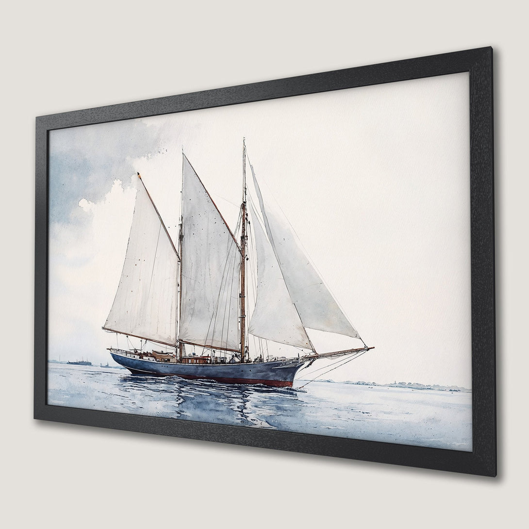 Framed Poster featuring a watercolor sailboat on the sea. Soft blues and whites create a serene nautical art piece for your home.