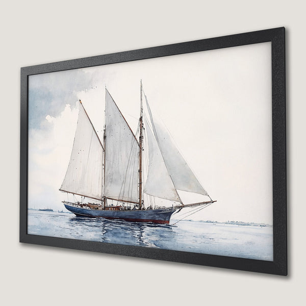 Framed Poster featuring a watercolor sailboat on the sea. Soft blues and whites create a serene nautical art piece for your home.