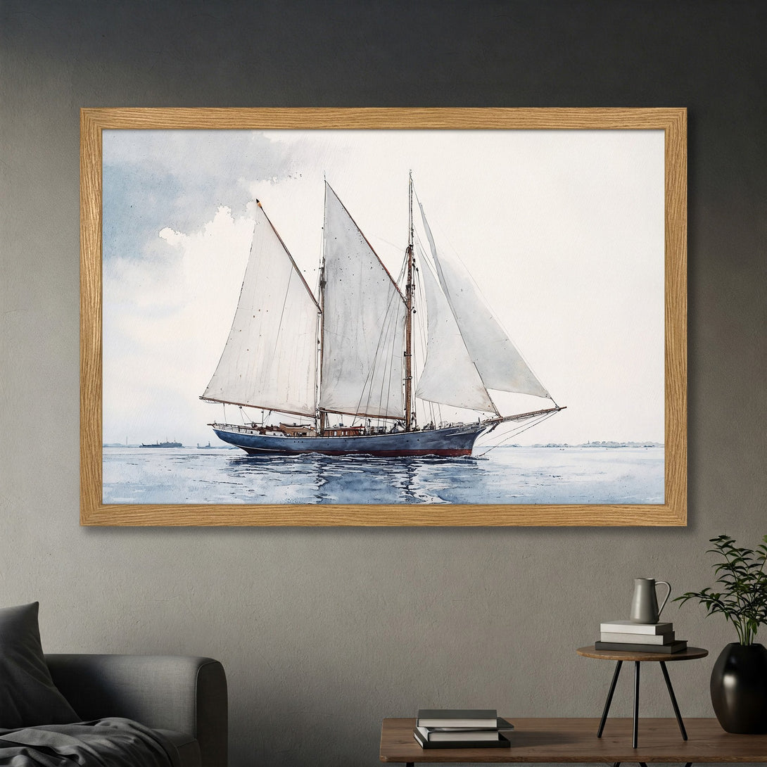 Framed Poster of a sailboat in watercolor style, featuring a blue and white color palette, perfect for nautical decor.
