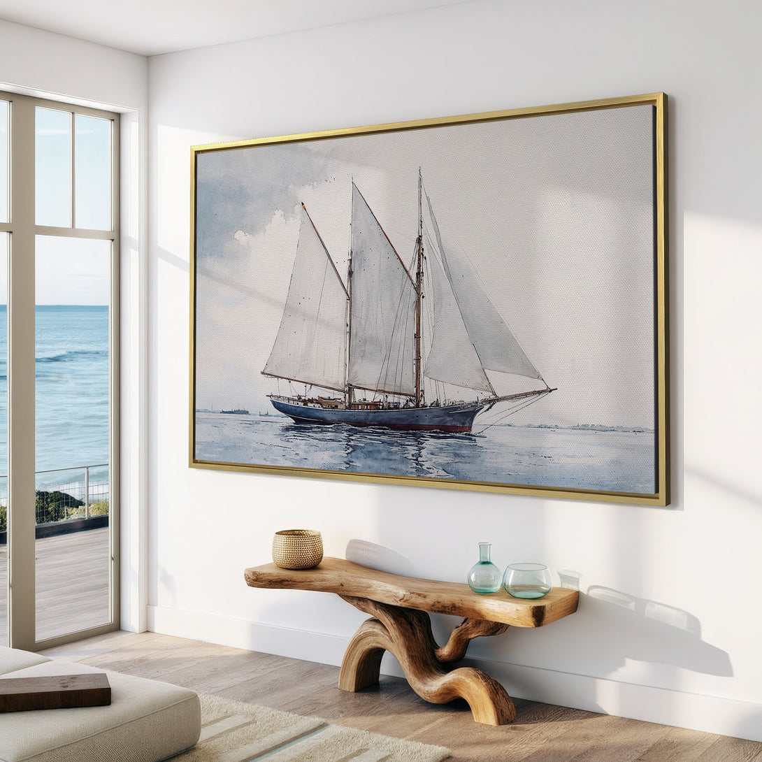 Canvas Print of a sailboat in a watercolor style, featuring a calming blue and white color palette, perfect for coastal decor.